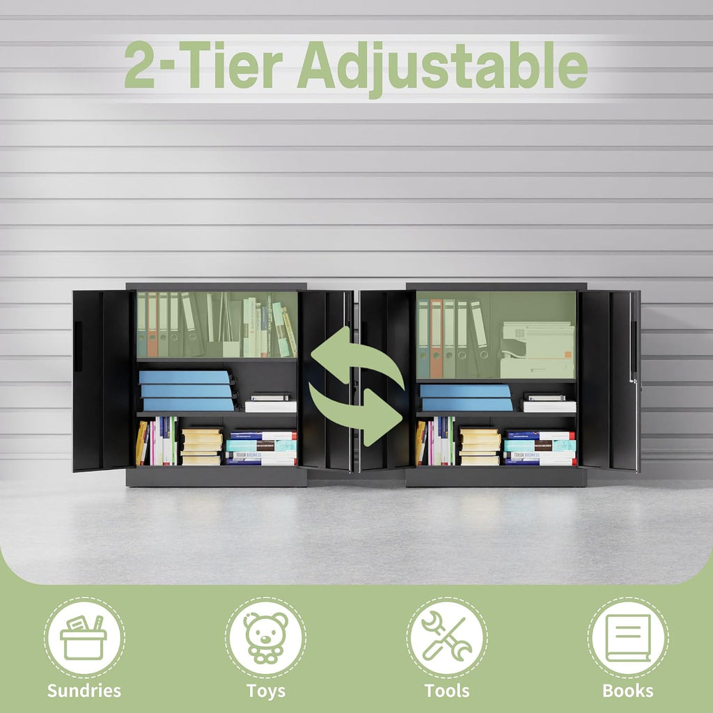 Metal Storage Cabinet, 35" H Garage Storage Cabinet with Doors and Adjustable Shelves, Small Locking Tool Cabinet Utility Cabinets for Home Office, Garage, Warehouse, School (Black)