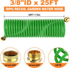 GASHER 25FT PU Recoil Garden Water Hose with 3/4"Inch Brass Fittings Retractable, Swivel Female for Boating, Pool & Spa, RV, Home and Garden（Green)