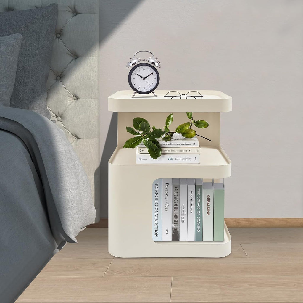 Modern Metal Side Table with Storage - No Assembly Small End Table & Nightstand for Bedroom,Living Room,Couch - Compact Accent Table for Small Spaces,Durable Bedside Table (Cream)
