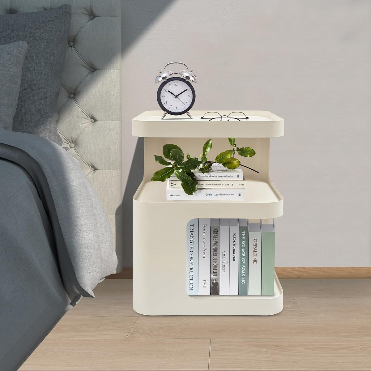 Modern Metal Side Table with Storage - No Assembly Small End Table & Nightstand for Bedroom,Living Room,Couch - Compact Accent Table for Small Spaces,Durable Bedside Table (Cream)