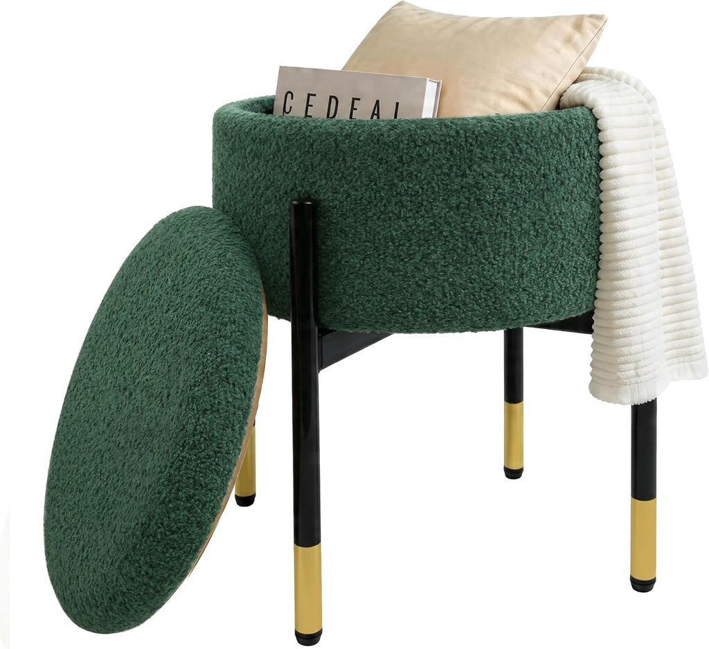 Round Ottoman with Storage,Soft Velvet Vanity Stool,Ottoman Coffee Table with Metal Legs,Foot Stool for Living Room Bedroom, Green
