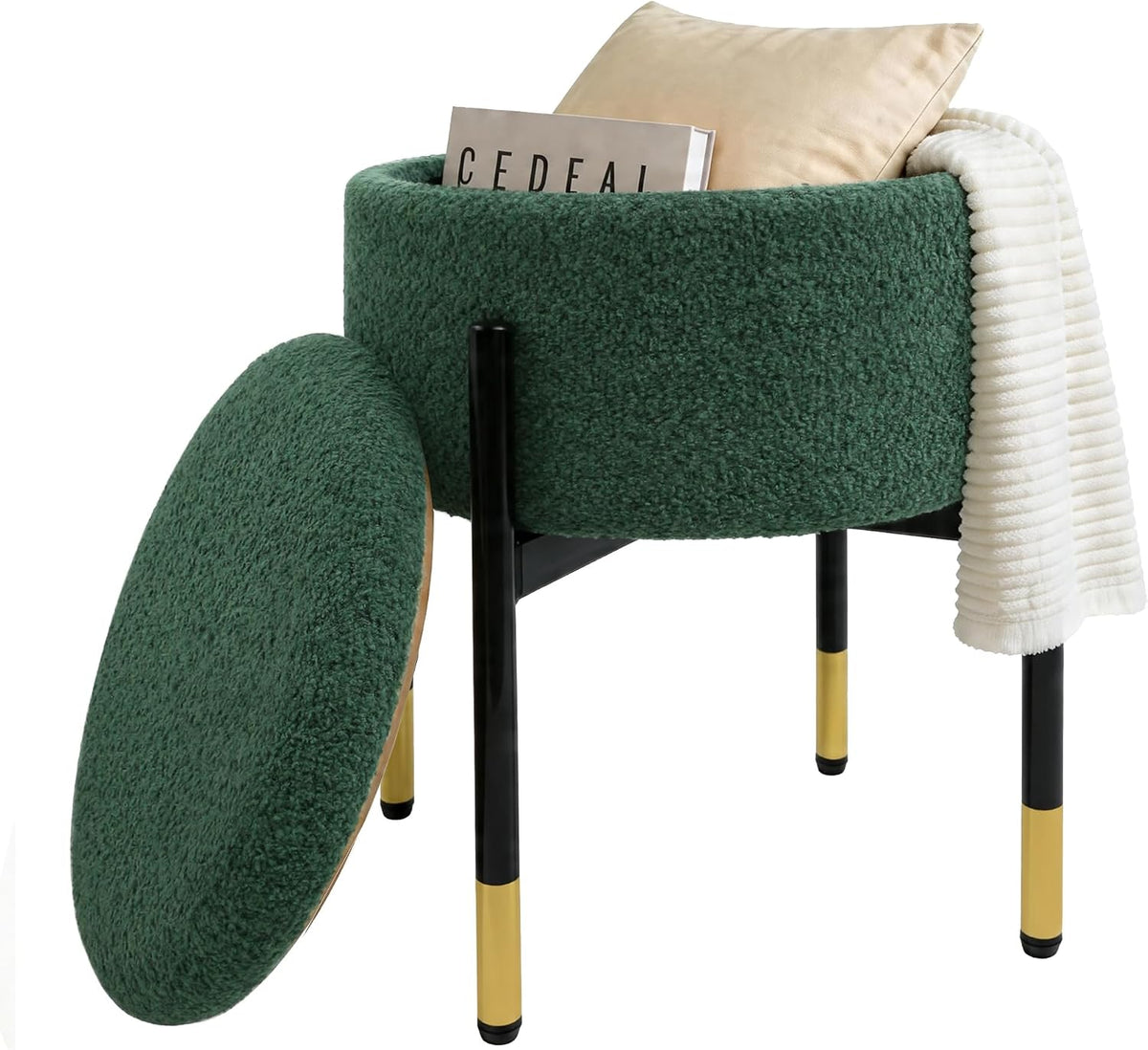 Round Ottoman with Storage,Soft Velvet Vanity Stool,Ottoman Coffee Table with Metal Legs,Foot Stool for Living Room Bedroom, Green