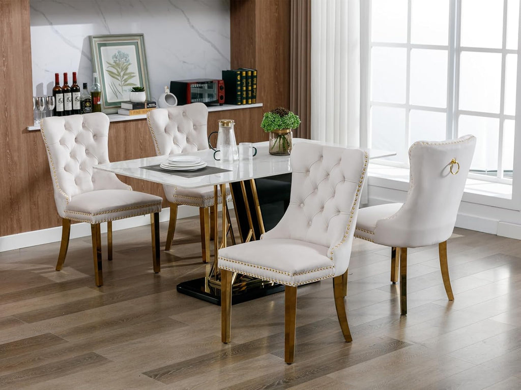 Velvet Dining Chairs Set of 4, Tufted Upholstered High Wingback Chairs with Nailhead Trim & Pull Ring, Golden Stainless Steel Legs for Dining Room, Sillas de Comedor, Beige