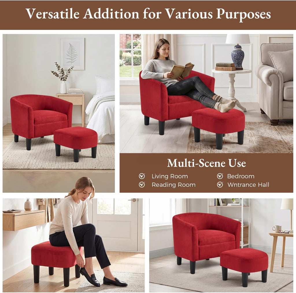 INZOY Oversized Accent Chair with Ottoman, 23.2" W Oversized Club Chair with Ottoman Set, Comfy Fabric Barrel Reading Chairs for Living Room Bedroom, Round Reading Chair with Foot Rest, Red