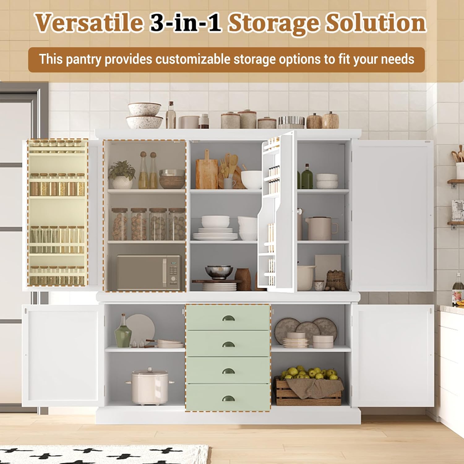 73" Freestanding Kitchen Pantry Organizer - Wooden Storage Unit with 4 Shelved Compartments, 4 Storage Bins & 8 Adjustable Shelves for Dining Room Kitchen Organization (White19)