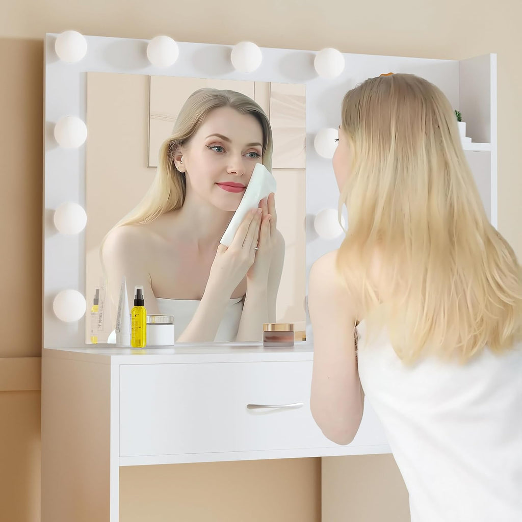 LIVELYGLOW 35.4" White Makeup Vanity Desk with 10 Hollywood Light Bulbs | Dimmable Lighting, Large Mirror, Storage Cabinet