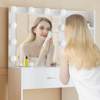 LIVELYGLOW 35.4" White Makeup Vanity Desk with 10 Hollywood Light Bulbs | Dimmable Lighting, Large Mirror, Storage Cabinet