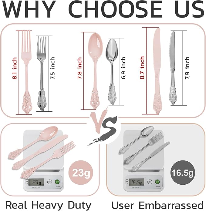 WDF 120 Pieces Heavy Duty Pink Plastic Silverware - Pink Plastic Cutlery Set - Disposable Pink Utensils - Disposable Flatware Includes 40 Forks, 40 Spoons, 40 Knives for Party, Wedding