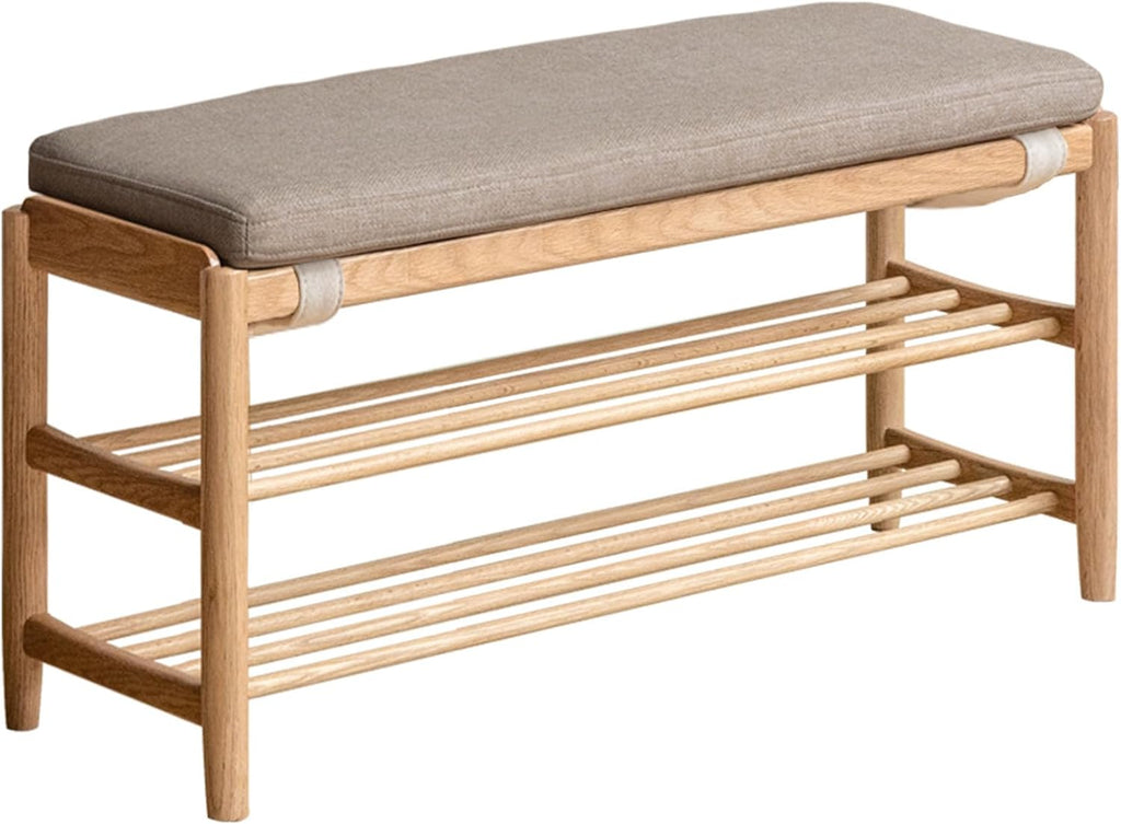 YESWOOD Solid Wood Shoe Bench Assembled, Shoe Rack Bench with Cushion for Entryway, Living Room, Bedroom, Hallway, 31.49“ x 11.81” x 17.71", Nature+Gray