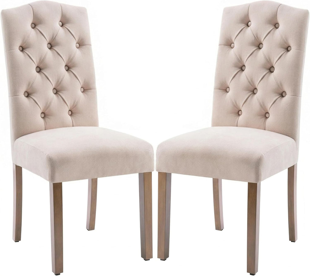 Tufted Upholstered Parsons Dining Chair Set Fabric Diner Accent Stylish Modern Kitchen Living Room with Button Sturdy Solid Wood Legs, 2-Pack