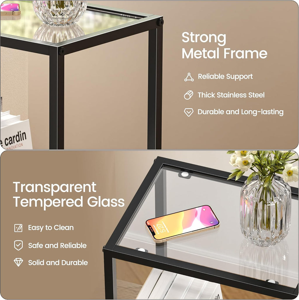Side Tables Set of 2,Tempered Glass End Tables, 2-Tier Nightstands with Open Shelves, Small Coffee Table with Modern Style, Accent Table Small Table Sofa Table for Living Room, Bedroom, Black