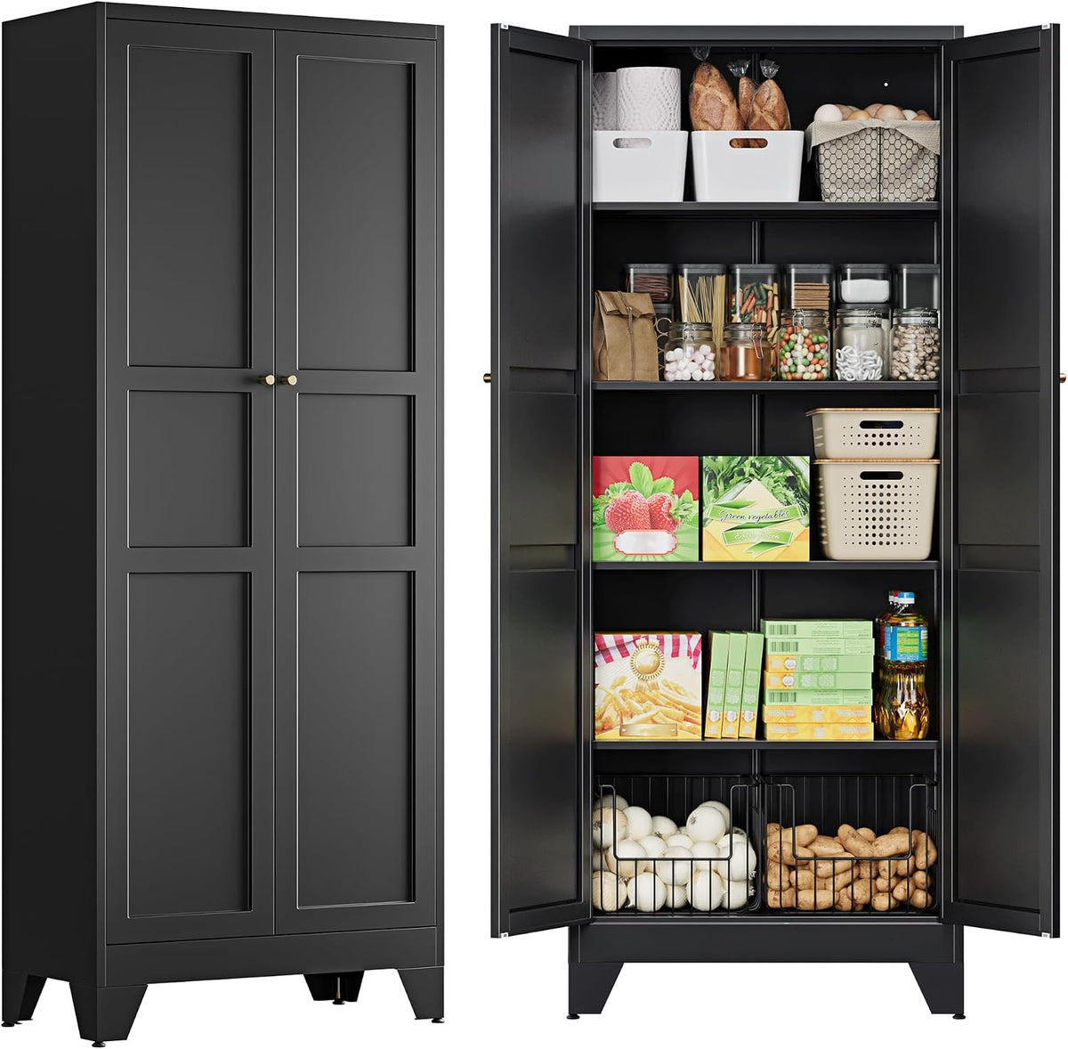 PEUKC 75" Farmhouse Metal Storage Cabinet with Doors and 4 Adjustable Shelves, Large Pantry Organizer for Kitchen, Dining Room, and Living Room,Assemble Require(Black)