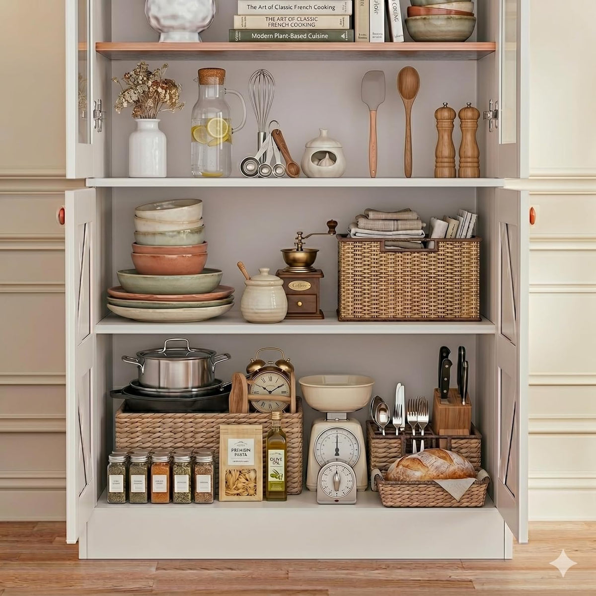 Vyre 71" Tall Farmhouse Kitchen Pantry, Set of 4 Large Storage Cabinets with Glass Doors, Adjustable Shelves, Wood Versatile Hutch Cabinet for Living Room, White