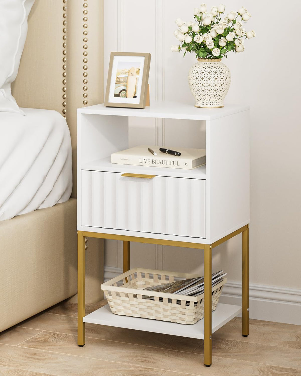Nightstand,Modern Bedside Table with One Drawer and Two Shelf，White Night Stand，Tall End Table with Gold Frame for Bedroom,Living Room,Wave