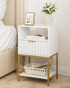 Nightstand,Modern Bedside Table with One Drawer and Two Shelf，White Night Stand，Tall End Table with Gold Frame for Bedroom,Living Room,Wave