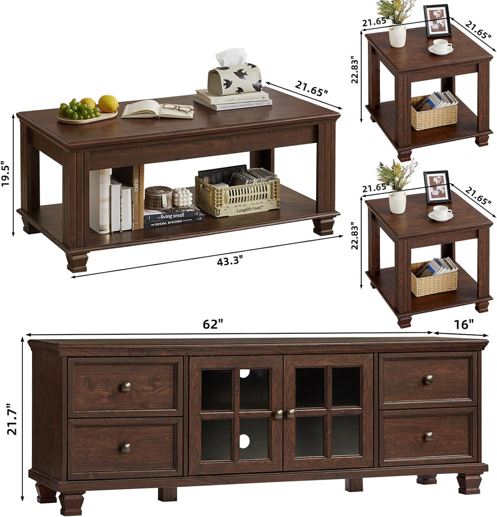 SAVOR LIFE Farmhouse TV Stand and Coffee Table Set 4 Piece, Walnut | Living Room Table Set with Drawer & Open Shelving & Thick Tabletop & Square Wooden Legs
