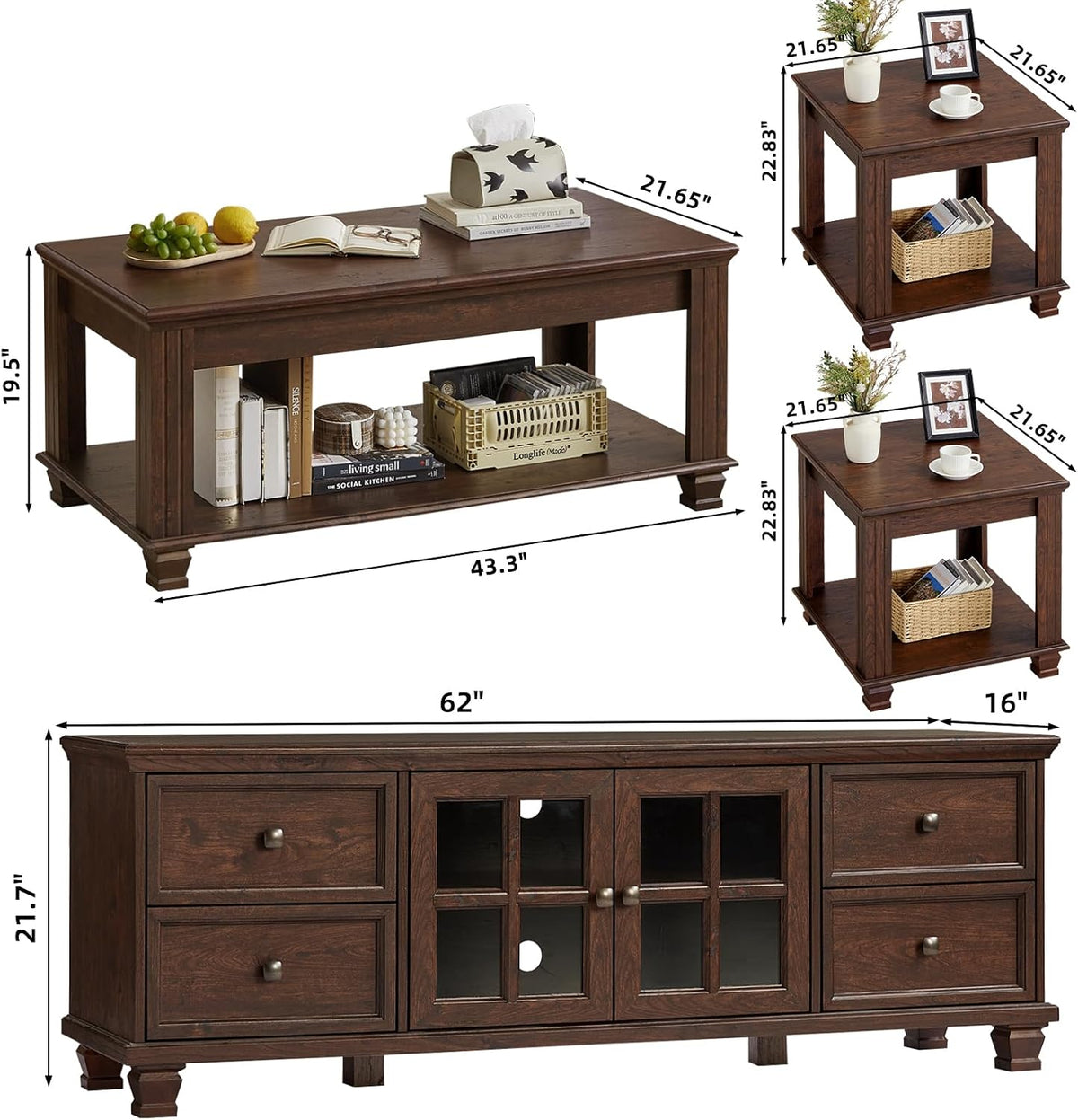 SAVOR LIFE Farmhouse TV Stand and Coffee Table Set 4 Piece, Walnut | Living Room Table Set with Drawer & Open Shelving & Thick Tabletop & Square Wooden Legs