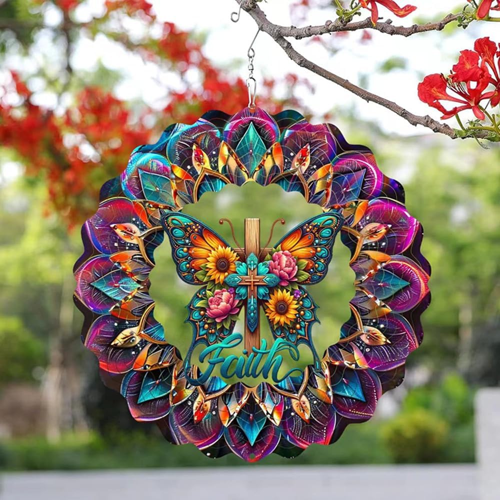 Cross Wind Spinner, Metal Wind Spinners Outdoor/Indoor, Cross Butterfly Hanging Garden Decor for Outside, Stainless Wind Spinners for Yard and Garden 10 inch 3D (25X24.95 CM)