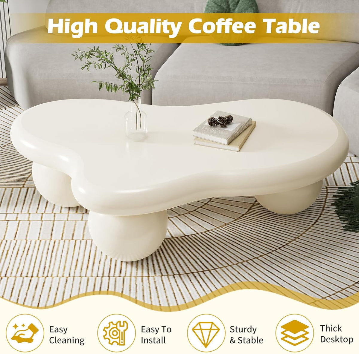 40" Modern White Coffee Table Cloud Shape Low Center Table Cute Irregular Indoor Tea Table with 3 Ball Legs for Living Room Small Space