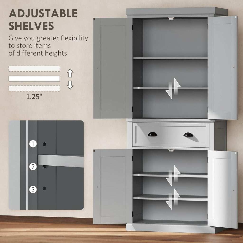 HOMCOM 72.5" Kitchen Pantry Cabinet, Traditional Freestanding Storage Cabinet with 4 Doors, Drawer and 3 Adjustable Shelves for Dining Room, Gray