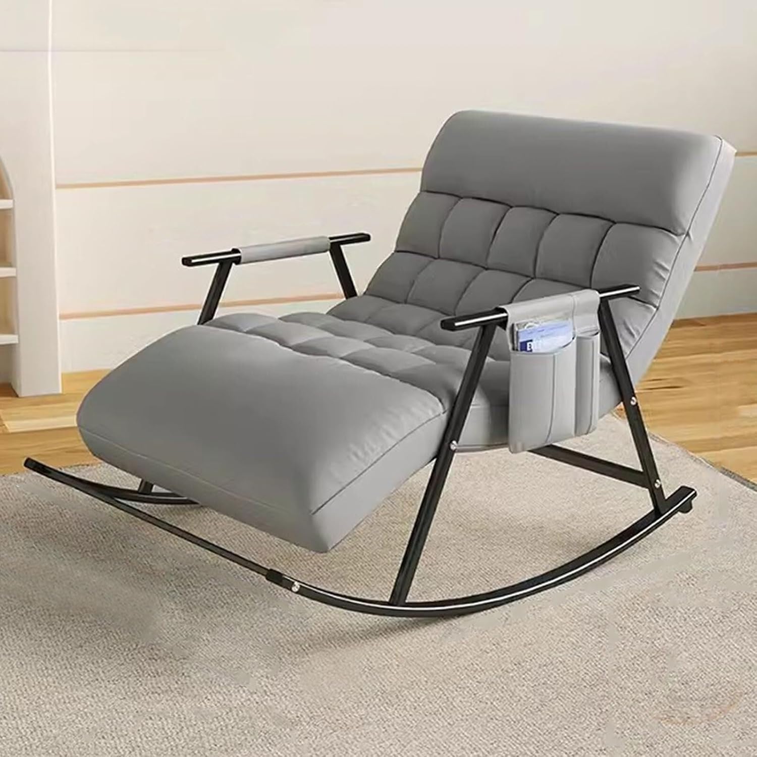 Lazy Sofa Rocking Chair Double Position Glider with Storage Pocket, Soft Cushion, Metal Frame, Living Room Lounge Accent Chair(Gray)