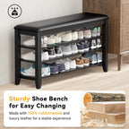 Shoe Rack Bench Entryway Storage with Leather Cushion, Shoe Organizer Bench for Entryway, Ideal for Front Doors Entrances Hallway Mudroom Featuring Rubberwood And 3 Height-Adjustable Removable Shelve