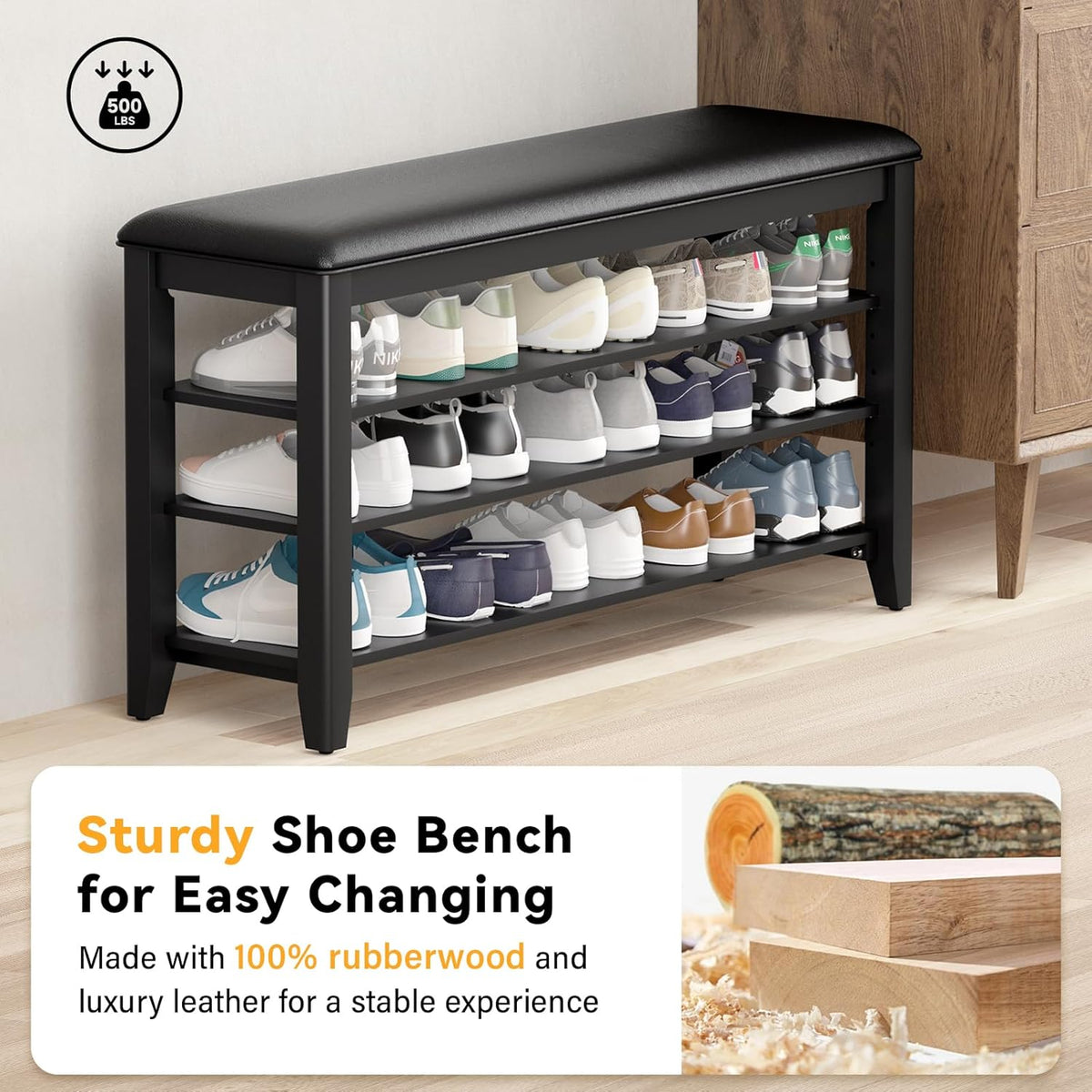 Shoe Rack Bench Entryway Storage with Leather Cushion, Shoe Organizer Bench for Entryway, Ideal for Front Doors Entrances Hallway Mudroom Featuring Rubberwood And 3 Height-Adjustable Removable Shelve
