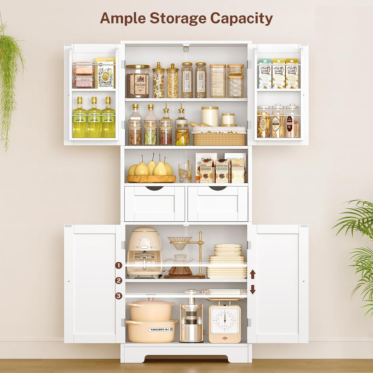 TEENFON Kitchen Pantry Cabinet with Adjustable Shelf, Tall Storage Cabinet with 2 Drawers & 4 Door Shelves, Food Pantry Cabinets, for Kitchen, Dining Room, Living Room, White