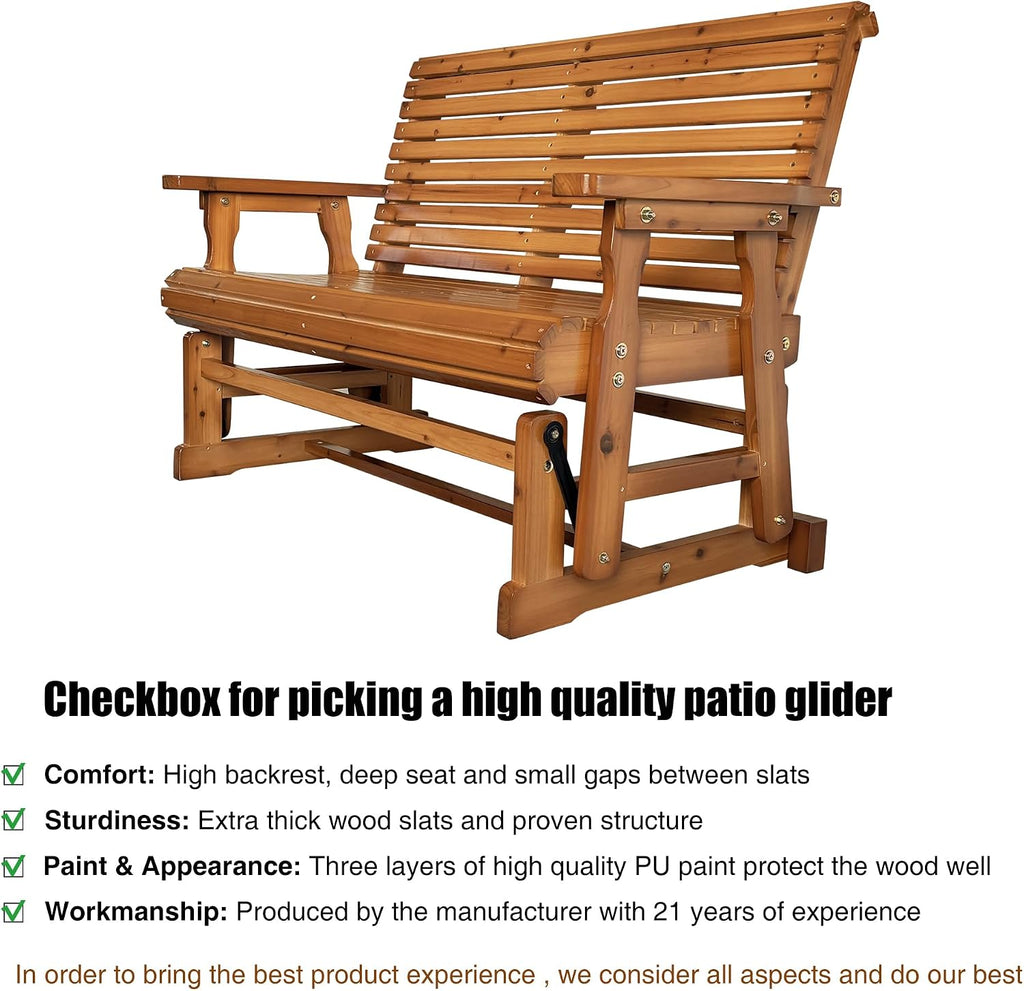 Fortune Candy Wooden Patio Glider with High Roll Back and Deep Contoured Seat, Solid Fir Wood, 2-Seater, Heavy Duty 800 LBS, 4 Ft. (Cedar Tone PU)