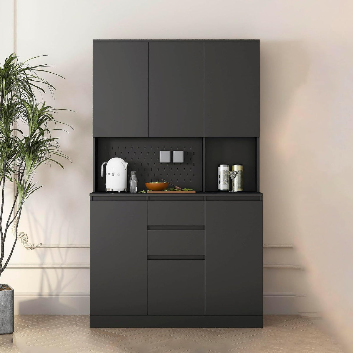 74"Kitchen Pantry Cabinet with Charging Station,Freestanding Buffet Cupboards Sideboard with Drawer,Modern Pantry Cabinet with Microwave Stand for Kitchen,Living Room,Dinning Room,White (Black)