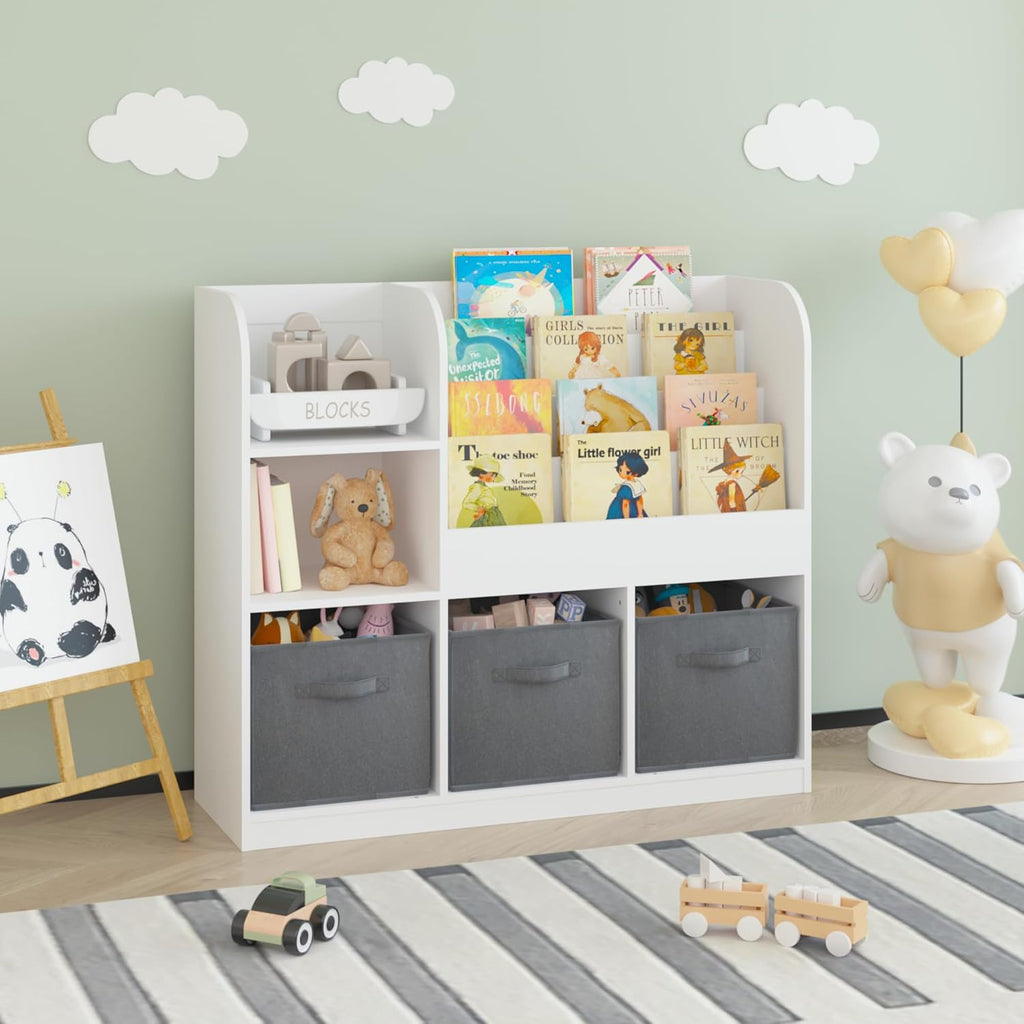 Kids Bookcase with 3 Collapsible Fabric Drawers, Multifunctional Toy | Sturdy MDF construction holds heavy books; anti-tip device for safety; 3 collapsible fabric drawers for toy storage; per