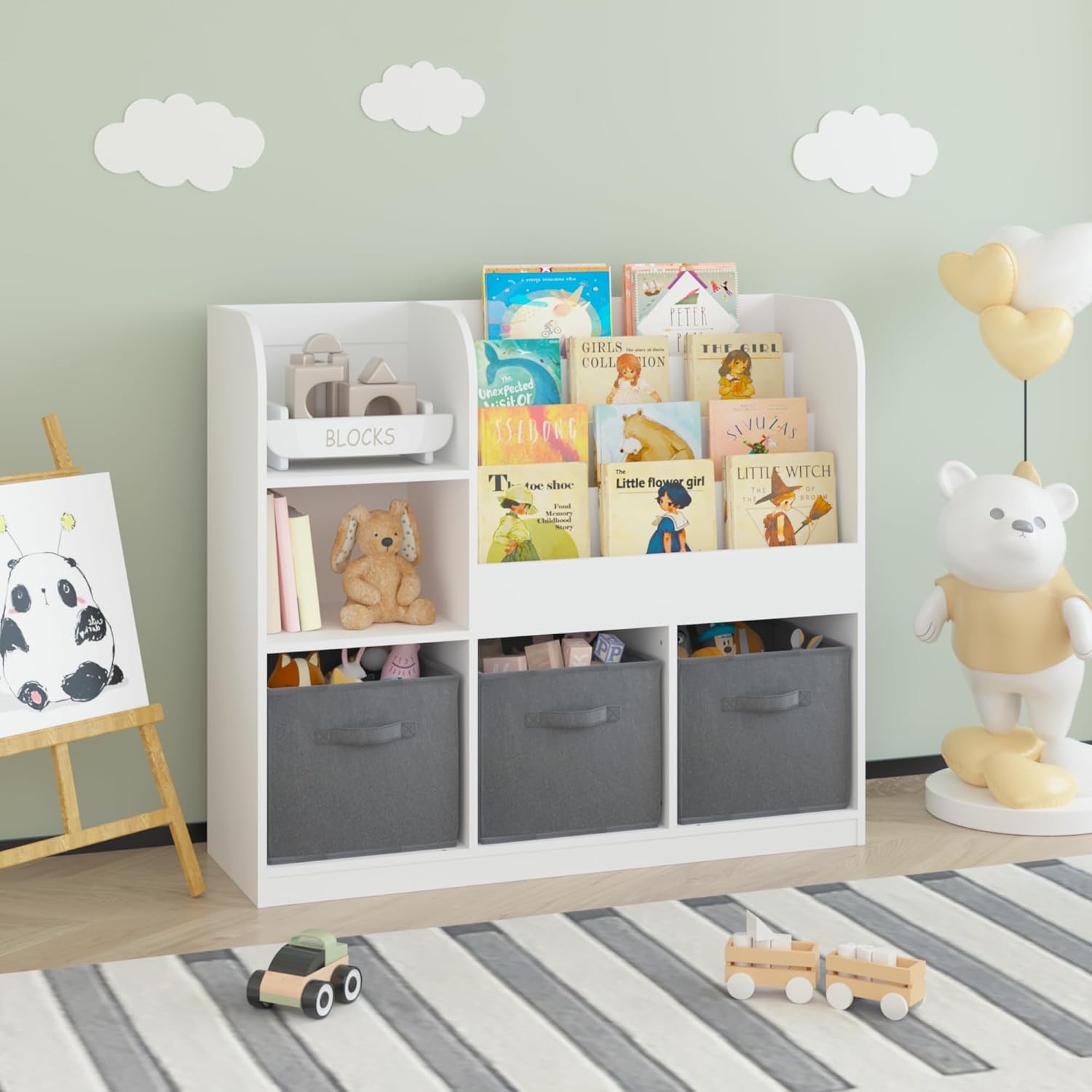 Kids Bookcase with 3 Collapsible Fabric Drawers, Multifunctional Toy | Sturdy MDF construction holds heavy books; anti-tip device for safety; 3 collapsible fabric drawers for toy storage; per