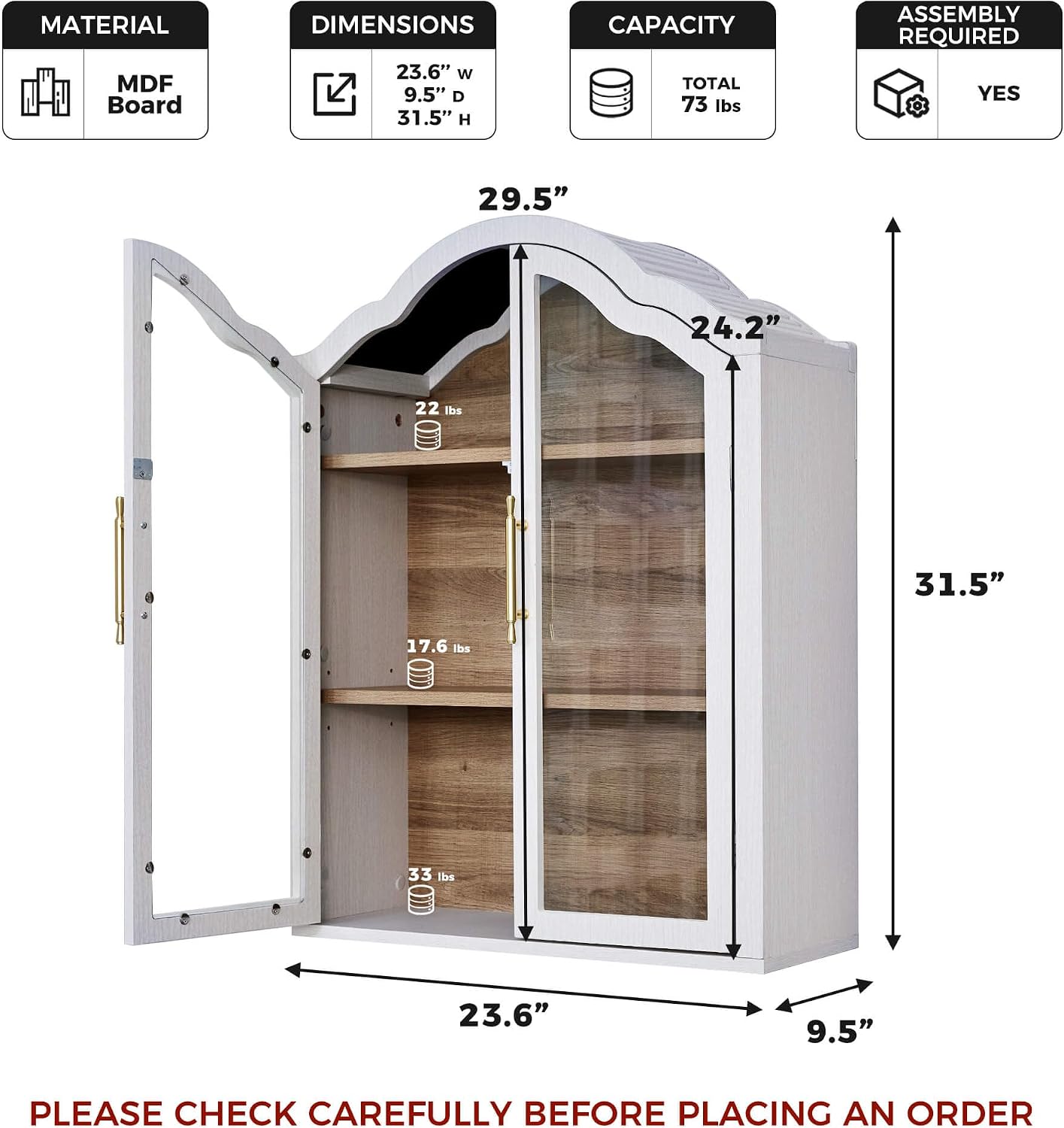 FIMELLO 23.6’’W Wave Design Arched Wall Cabinet, Bathroom Cabinet with Glass Doors Adjustable Shelf, Above Toilet Cabinet, Kitchen Wall Cabinet, Wall Bookshelf, White Grain