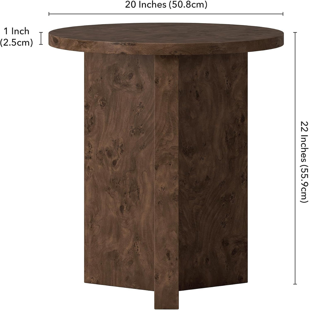 Henn&Hart 20" Scandinavian Round Wooden End Table, Side Table, Nightstand with X-Base for Living Room, Office, Family Room, or Bedroom, Walnut Burl