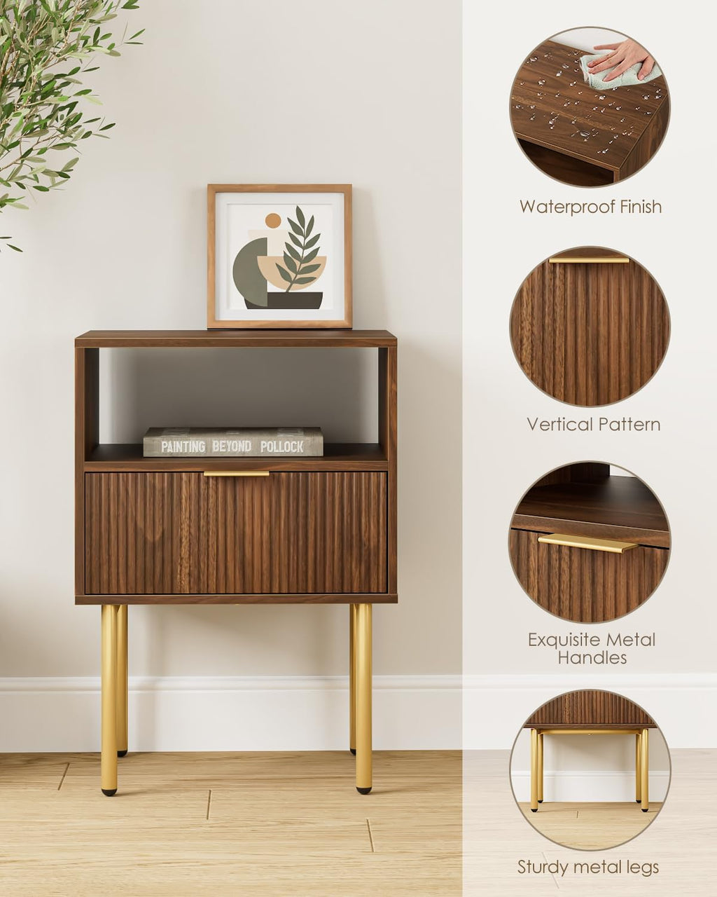 Nightstand,Small Bedside Table with Gold Frame,Walnut Night Stand,Bedside Furniture,Side Table with Drawer and Shelf for Bedroom,Living Room (1Drawer, Walnut)