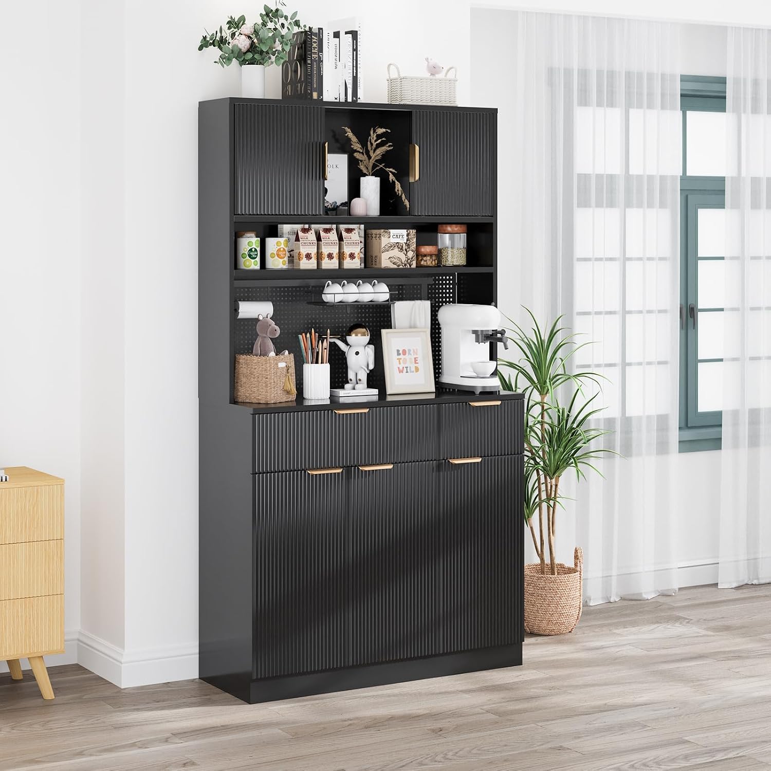 Kitchen Pantry Cabinet with Storage & Pegboard, 71" Tall Hutch Storage Cabinet with Power Outlets, Freestanding Food Pantry with Microwave Stand Spice Rack for Dining Room - Black
