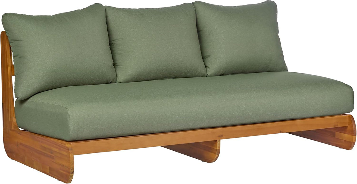 Merax Outdoor Acacia Wood Sofa with All-Weather Cushions, Patio Low 3-Seater Lounge Sofa for Porch, Lawn, Backyard, Balcony, Green+Teak