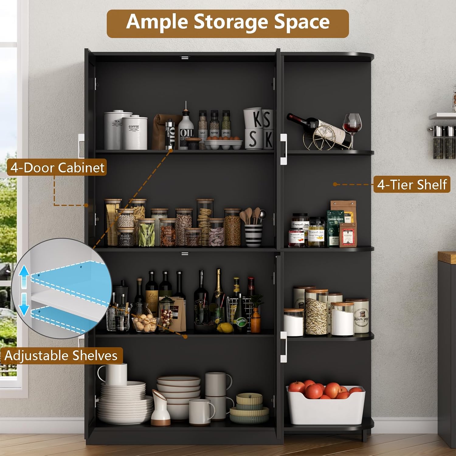 Loomie Kitchen Pantry Storage Cabinet, 64" Tall Freestanding Cupboard | Food Pantry Cabinet with Doors & Adjustable Shelves & 5-Tier External Shelf for Dining Room (Black)