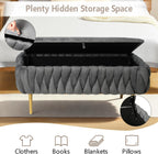 End of Bed Bedroom Storage Bench Upholstered, Hand-Woven Storage Ottoman Bench for Bedroom with Hinged Lid Golden Legs, for Living Room, Entryway Grey