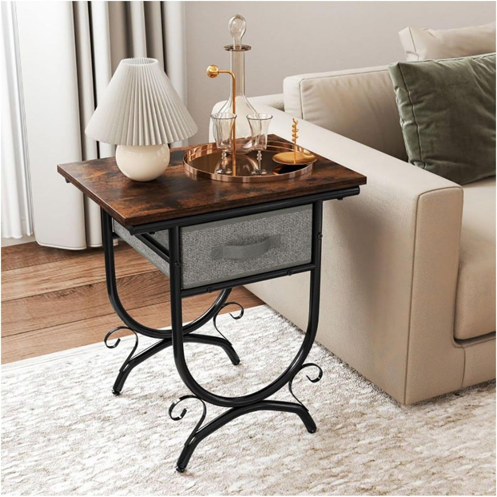 Side Table with Fabric Drawer & Metal Frame - Living Room, Bedroom - Black & Gray - 19" x 14" x 21"