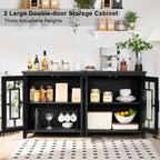 Joaxswe Large Sideboard Buffet Cabinet with Storage, 63" Farmhouse Credenza with 4 Glass Doors, Adjustable Shelves Console Table, Wood Kitchen Coffee Bar for Dining Room, Living Room, Black