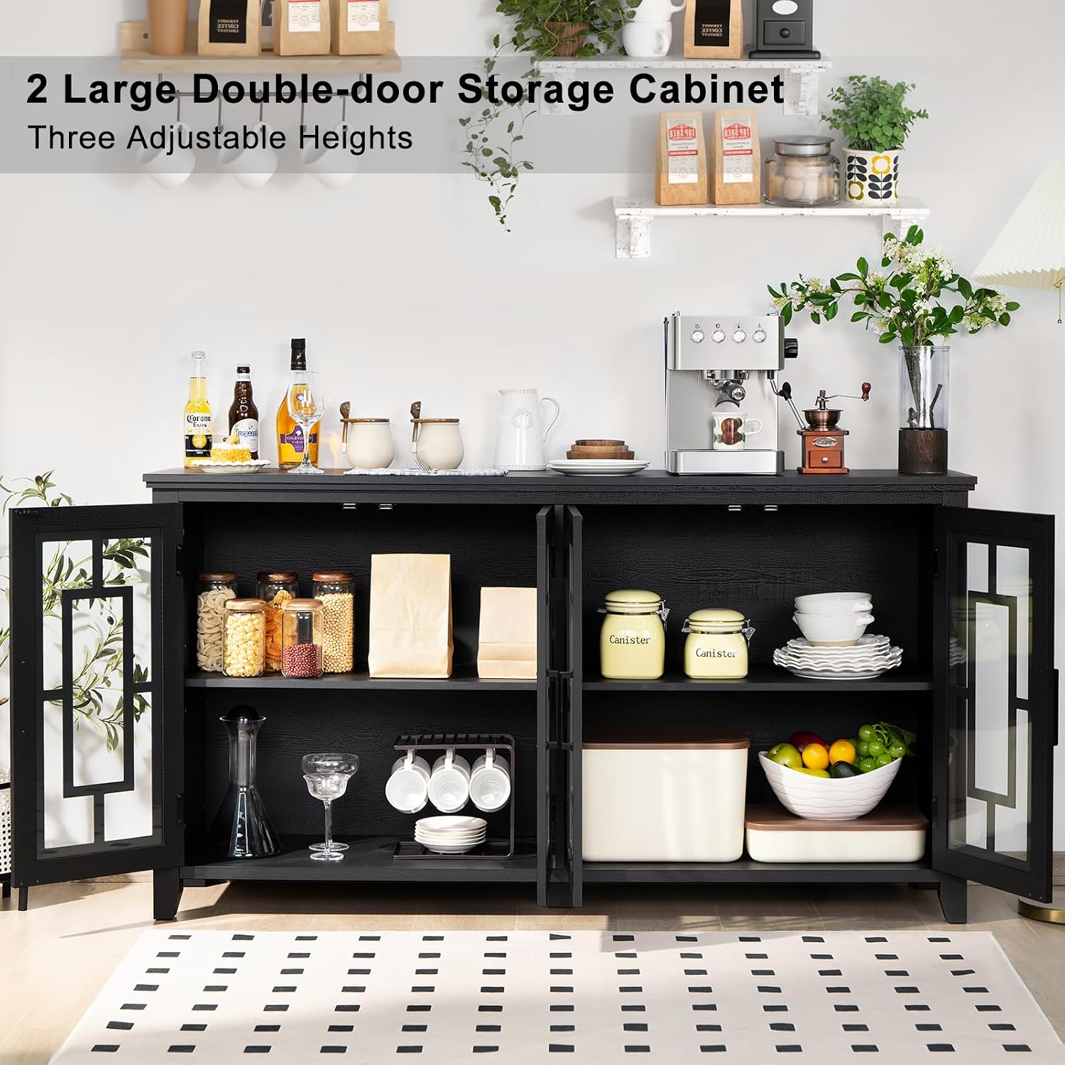 Joaxswe Large Sideboard Buffet Cabinet with Storage, 63" Farmhouse Credenza with 4 Glass Doors, Adjustable Shelves Console Table, Wood Kitchen Coffee Bar for Dining Room, Living Room, Black