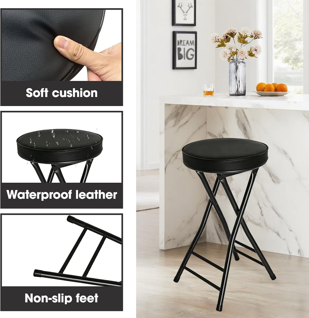 Folding Stool,24 Inch Foldable Portable Height Bar Stools Chair | Adult Tall Collapsible Leather Padded Chair for Kitchen Living Room Garden Camping Fishing