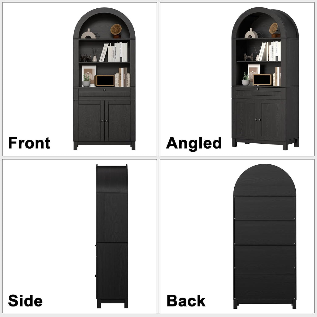 Arched Pantry Cabinet, 71" Kitchen Pantry Cabinet with Smooth Gliding Drawers and Adjustable Shelf, Wood Storage Cabinets Anti-Tipping, Modern Farmhouse for Living Room, Dining Room (Black)