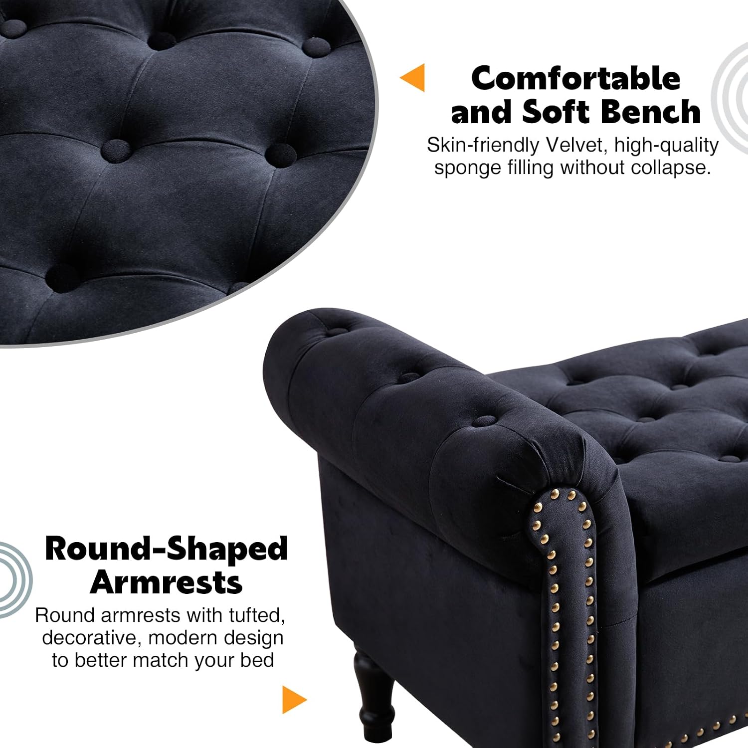 67'' End of Bed Storage Bench King Size, Storage Bench for Bedroom End of Bed, Upholstered Velvet Tufted Storage Ottoman Benches with Arms for Living Room, Entryway, Black