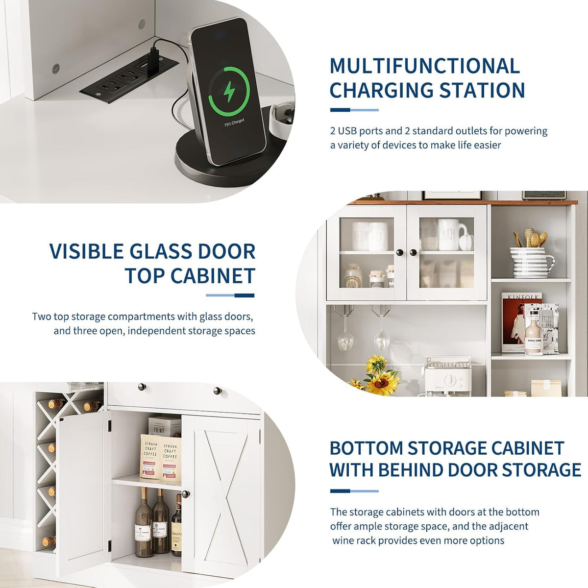 72'' Tall Kitchen Pantry Cabinet with Built-in Power Outlet, Farmhouse Sliding Barn Door Sideboard Buffet, Wine Bottle Rack & Adjustable Shelves, Modern Storage Cabinet for Kitchen Dining Room Home Ba
