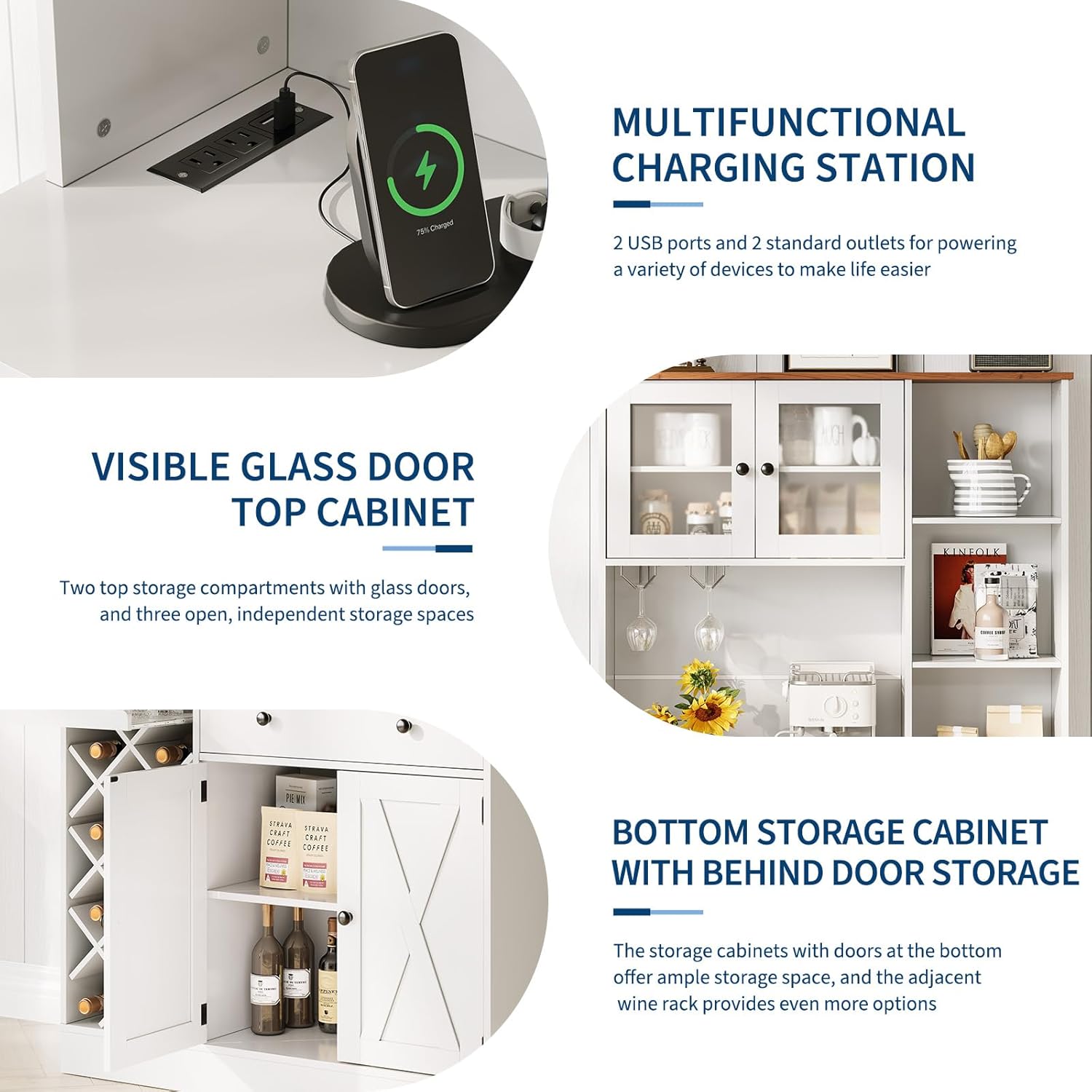 Takywep Contemporary Upright Storage Cabinet with Wine Bottle Rack | Built-in Outlet & Spacious Shelves – Multi-Functional Sideboard Credenza for Dining Area, Living Room, or Home Bar Setup