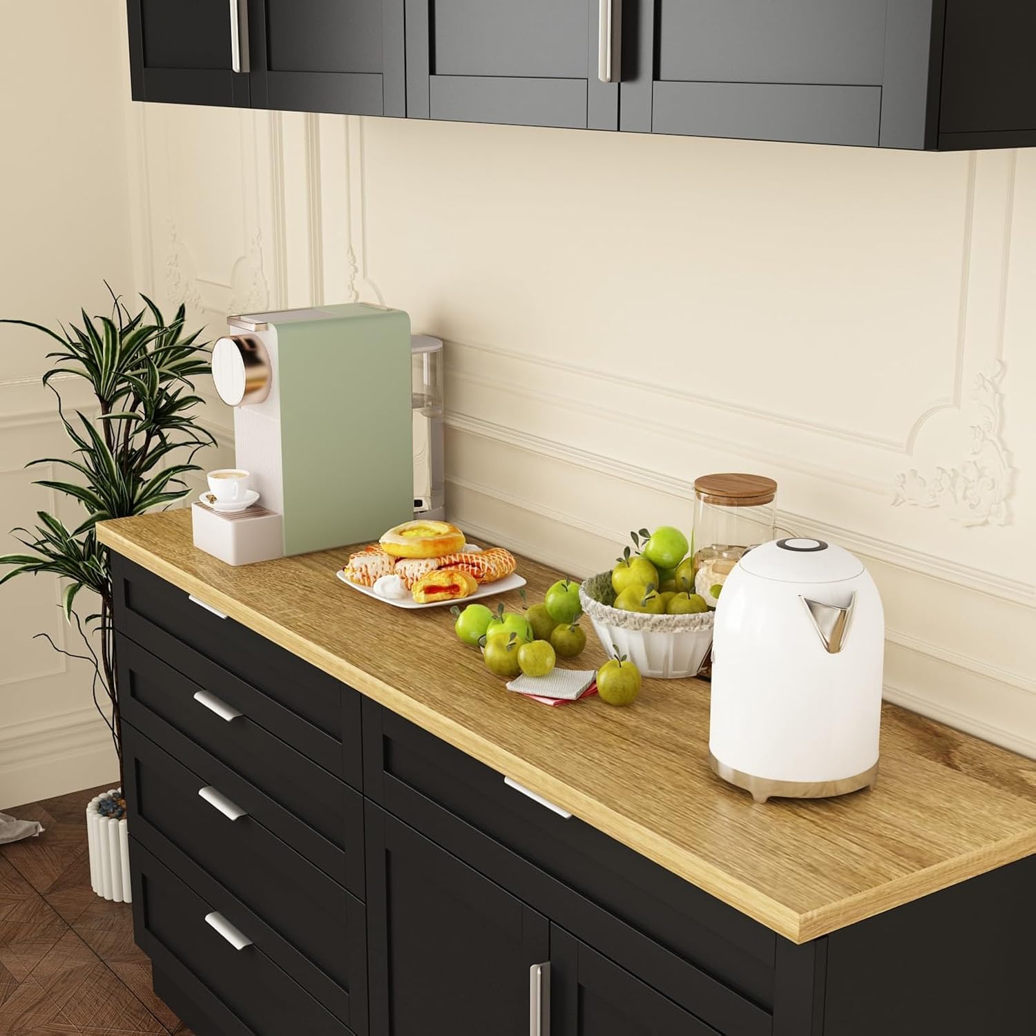 Kitchen Cabinet Set with 5 Drawers and Shelves, Wall-Mounted Pantry Cabinet Set with Doors & Countertop, for Kitchen Storage Black and Oak