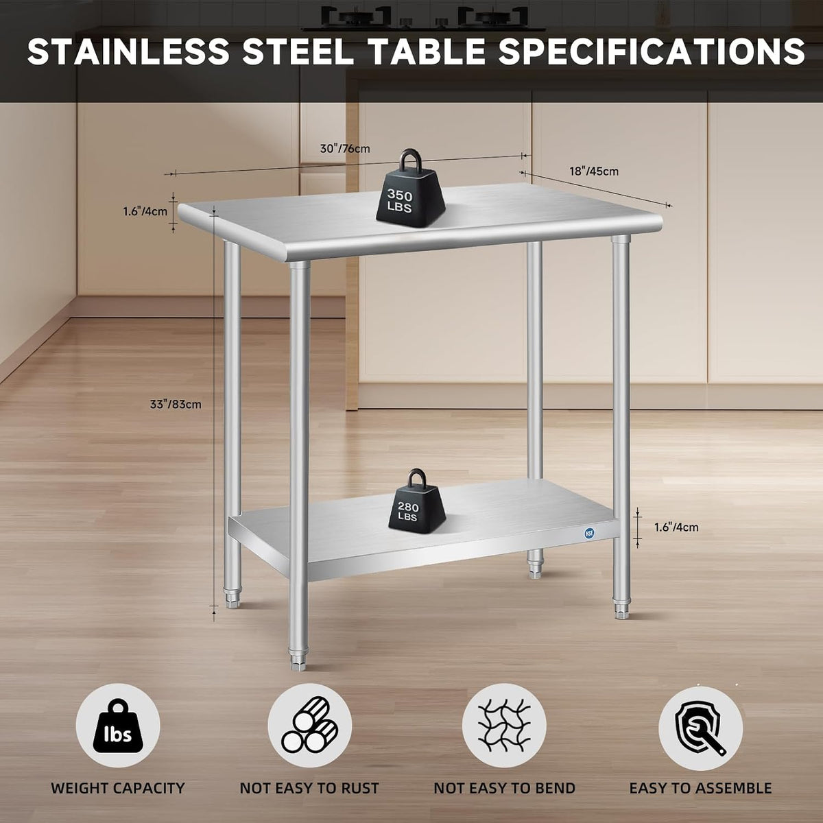 Stainless Steel Table, Stainless Table for Prep & Work 30x18x33 Inch, Commercial Metal Table for Restaurant Kitchen Hotel Garage