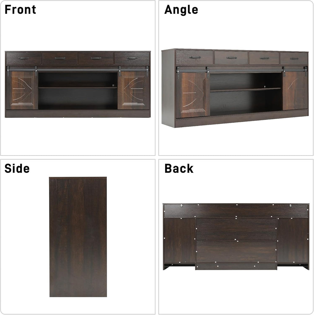 70” Large Buffet Sideboard Cabinet w/4 Drawer,Farmhouse Coffee Bar Cabinet Buffet with Storage,Sliding Door,Long Kitchen Buffet Table,Kitchen Sideboard Cabinet,Credenza for Dining Room,Brown